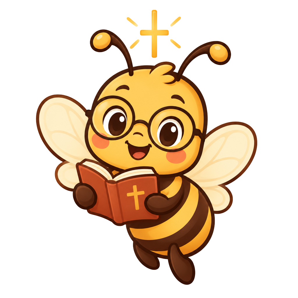 A friendly cartoon bee in glasses holding an open Bible